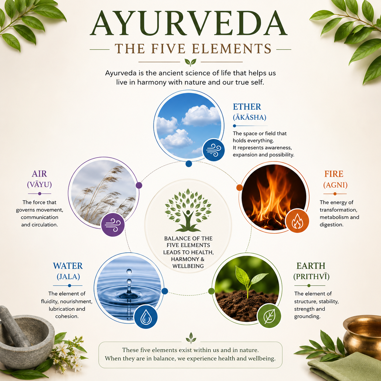 Ayurveda — the five elements: Ether, Air, Fire, Water, Earth